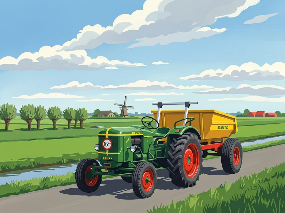 Print van een groene Deutz-tractor met gele kiepkar op een polderweg met molen en knotwilgen