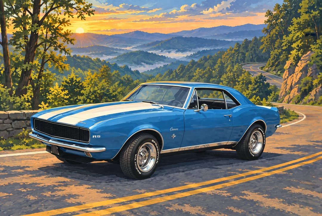 Blue 1967 Camaro RS with white nose stripes at an overlook on the Tail of the Dragon at sunrise