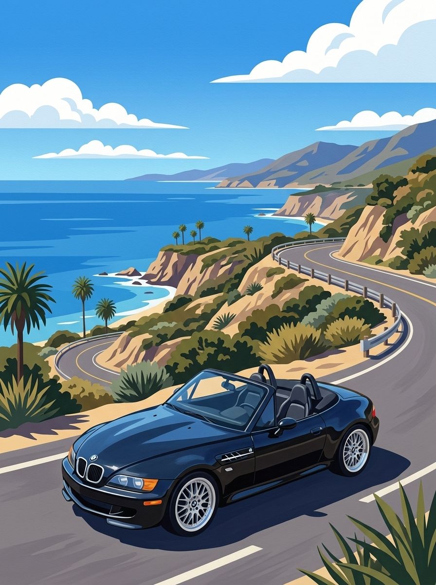 Vintage poster of a black BMW Z3 roadster with the top down on a winding coastal road above the Pacific