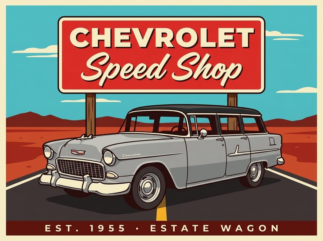 Gray 1955 Chevy wagon under a Chevrolet Speed Shop sign, in a retro sign style