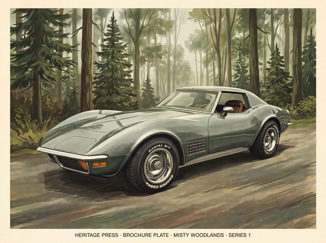 Brochure-style poster of a green C3 Corvette Stingray parked on a wet forest road