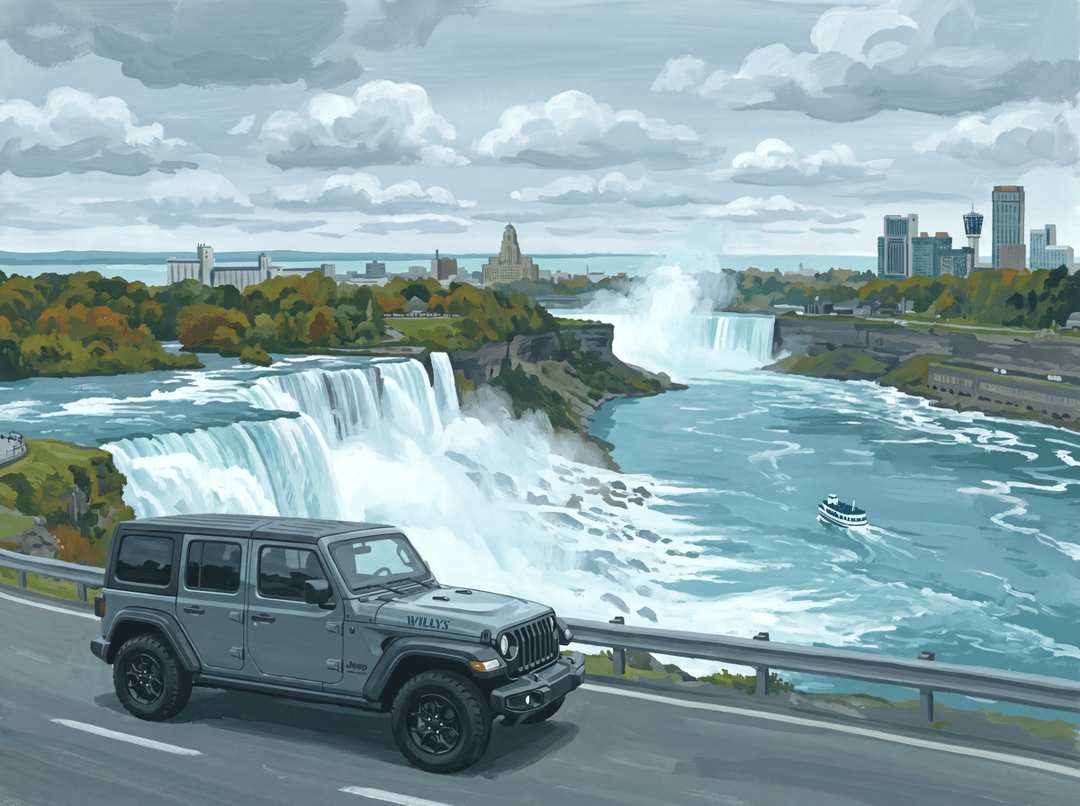 Gray four-door Jeep Wrangler Willys edition overlooking Niagara Falls