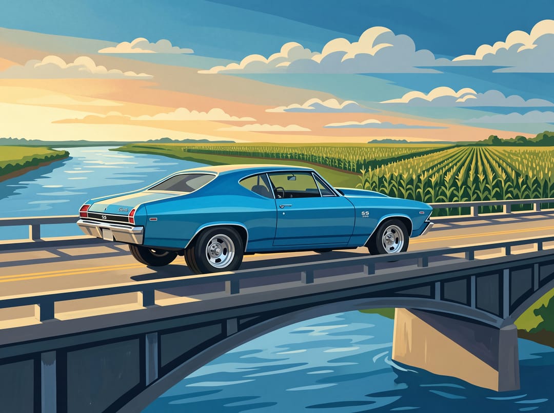 Blue 1968 to 1969 Chevelle SS crossing a bridge over the Mississippi with cornfields