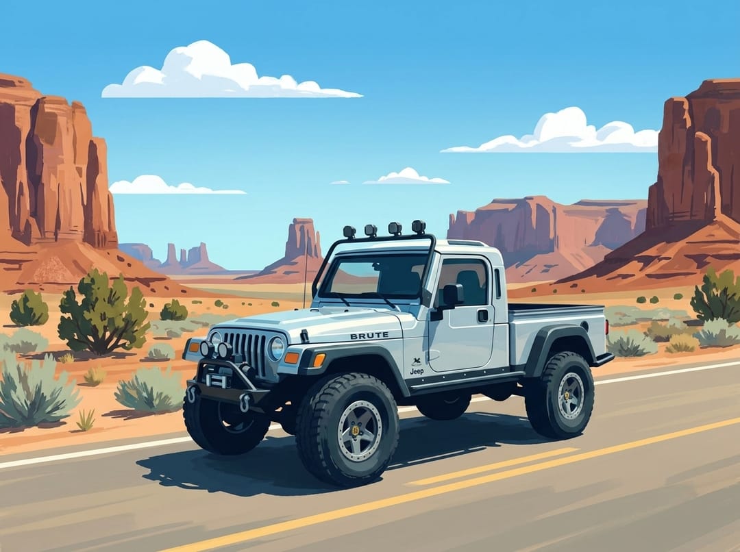 Vintage poster of a silver Wrangler-based Brute pickup with a light bar on a desert road in Monument Valley