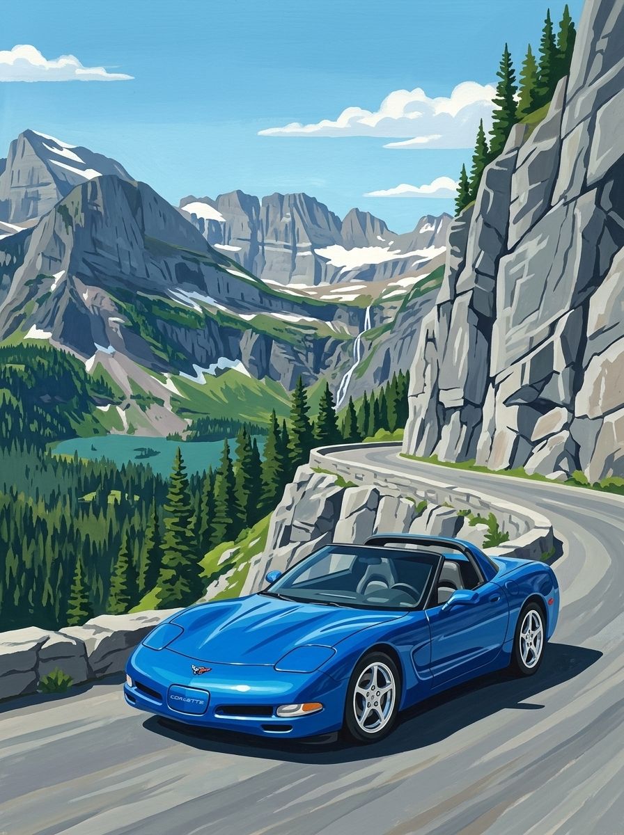 Vintage poster of a blue C5 Corvette convertible on Going-to-the-Sun Road in Glacier National Park