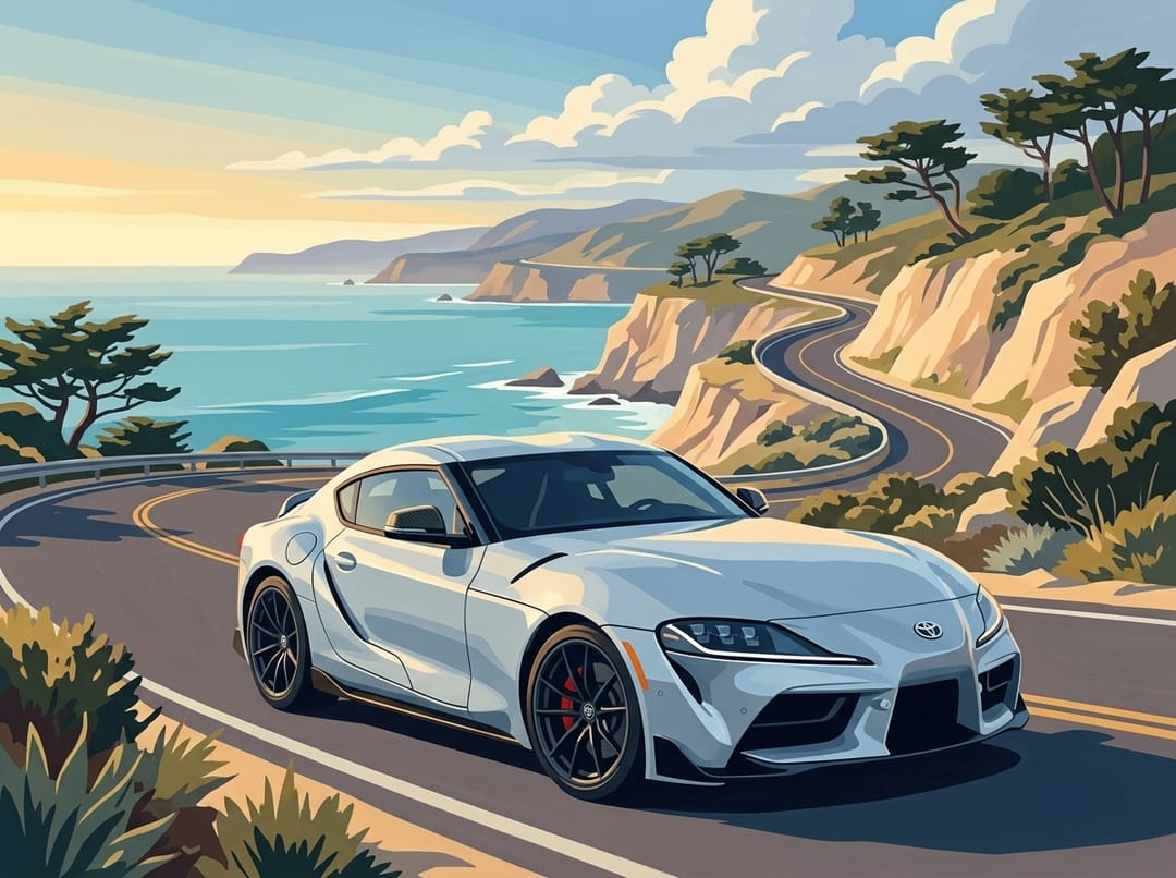Poster of a silver-white Toyota GR Supra on Pacific Coast Highway along the cliffs