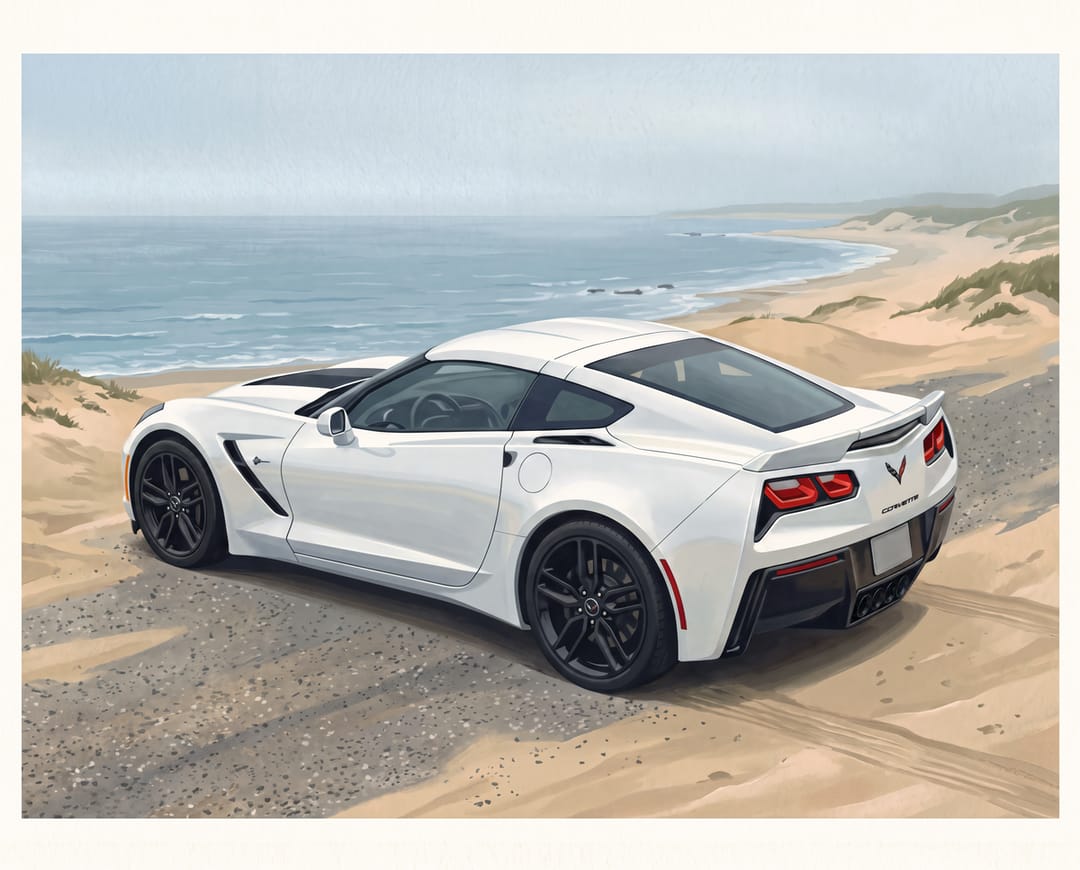 White C7 Corvette Stingray seen from the rear three-quarter on a beach road, in a brochure-style frame