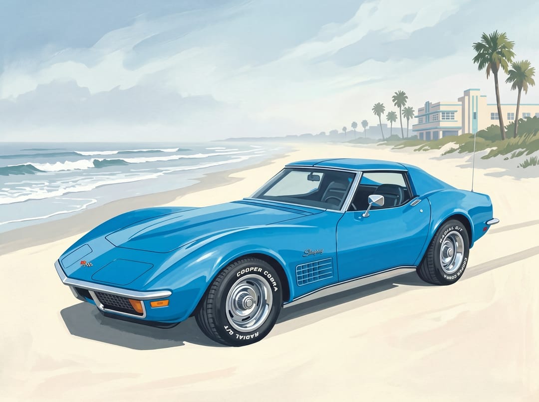 Blue C3 Corvette Stingray parked on the sand at Daytona Beach