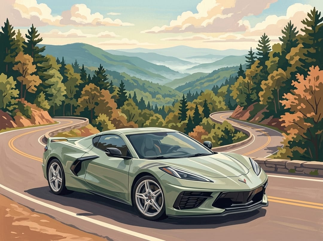 Sage green C8 Corvette on the switchbacks of the Tail of the Dragon