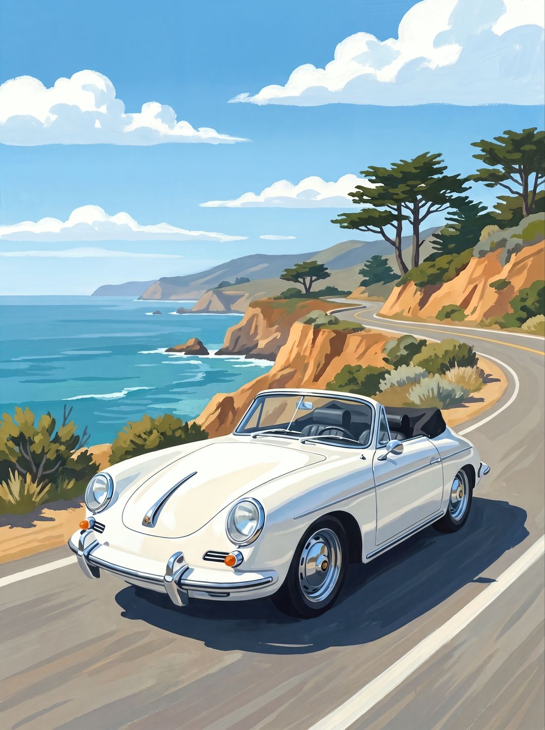 Vintage poster of a white Porsche 356 cabriolet on the Pacific Coast Highway with the ocean behind