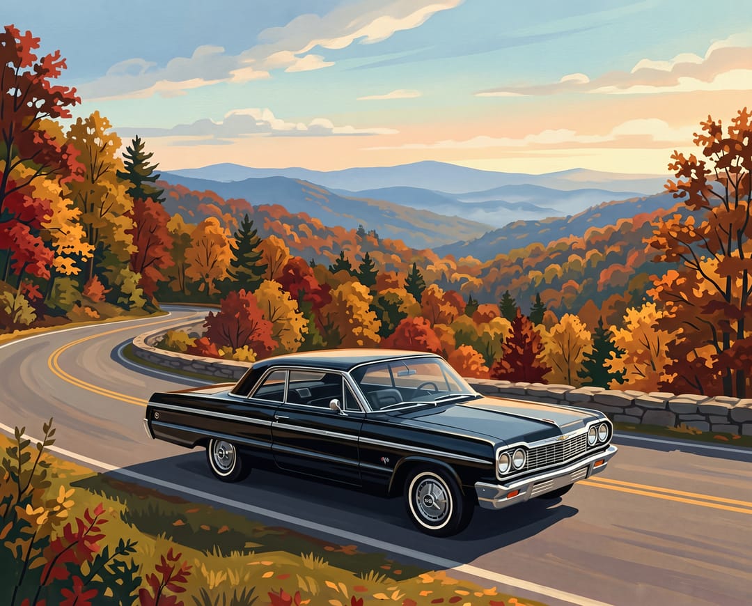 Poster of a black 1964 Chevrolet Impala SS on the Blue Ridge Parkway in autumn