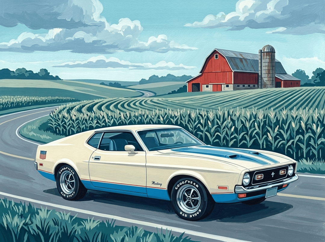 Cream and blue 1971 to 1973 Mustang fastback passing a cornfield and a red barn
