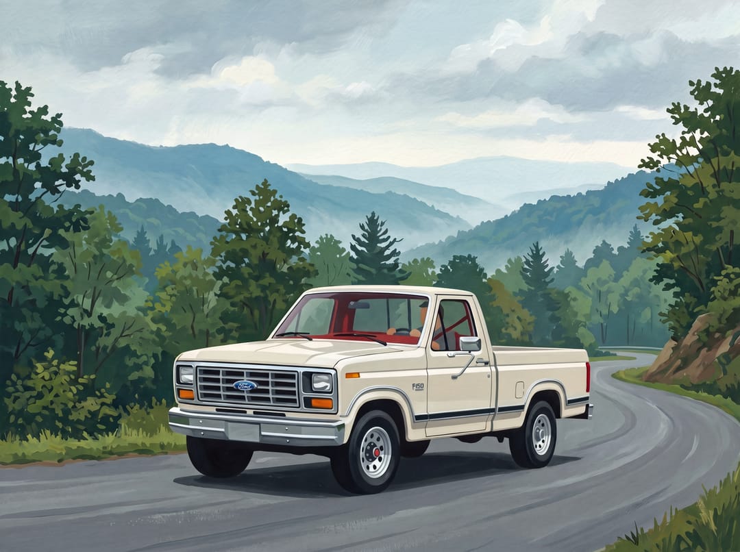 Cream 1986 Ford F-150 Lariat on a mountain road in the Smokies