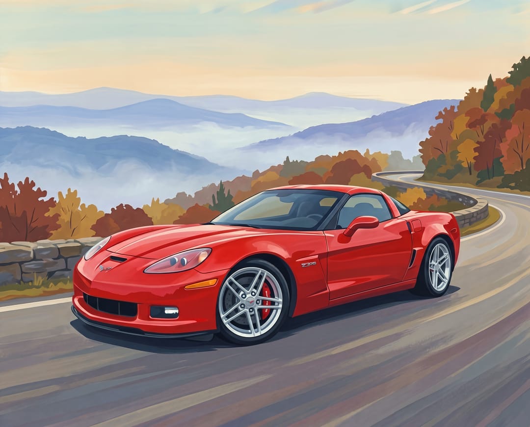 Red C6 Corvette Z06 on the Blue Ridge Parkway in fall color