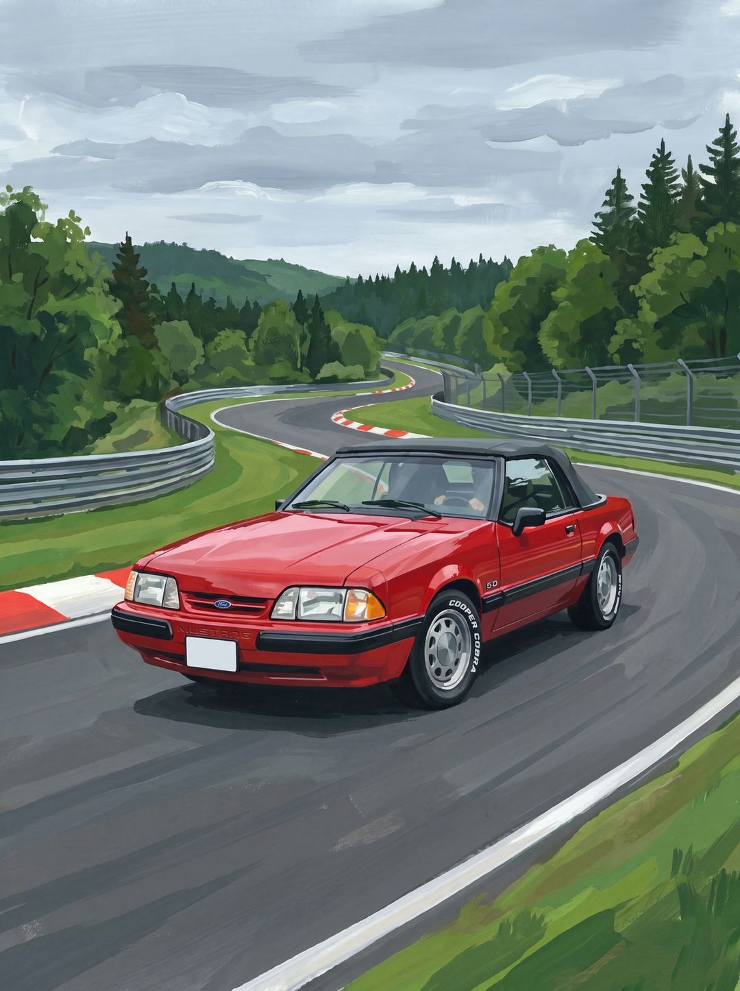 Red Fox body Mustang 5.0 convertible with the top up on the Nürburgring