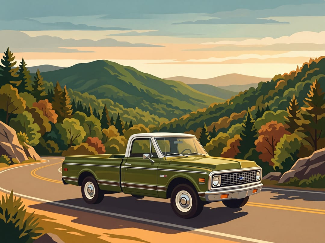 Poster of an olive green 1972 Chevrolet C10 with a white top on a mountain road in Tennessee