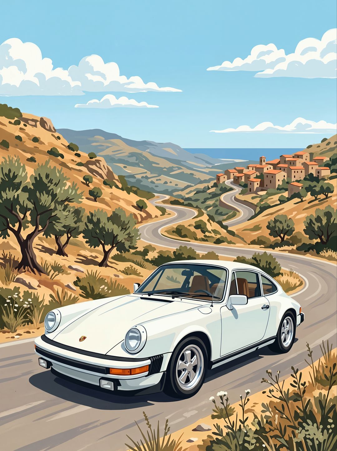 White impact-bumper Porsche 911 coupe with Fuchs wheels on a Sicilian hill road above a village