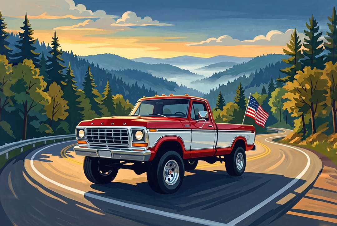 Red and white 1978 to 1979 Ford F-150 4x4 with an American flag on the Tail of the Dragon