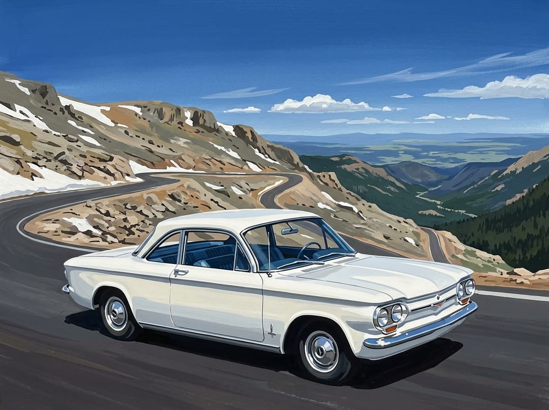 Poster of a white 1963 Chevrolet Corvair coupe with a blue interior on the Pikes Peak Highway