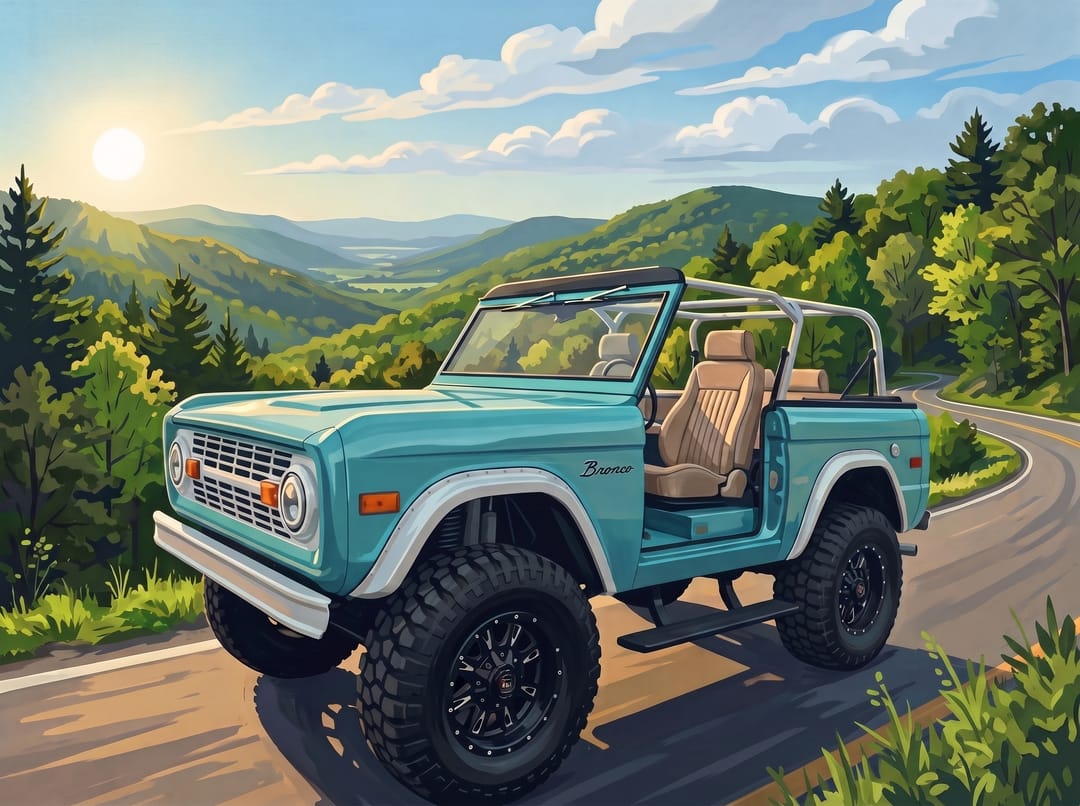 Teal early Ford Bronco with the top off and a roll bar on a West Virginia mountain road