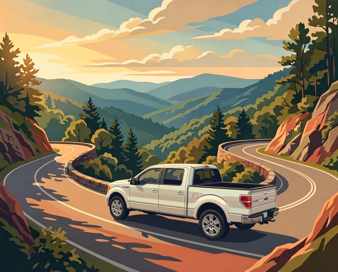 White 2009 to 2014 Ford F-150 SuperCrew climbing the switchbacks of the Tail of the Dragon