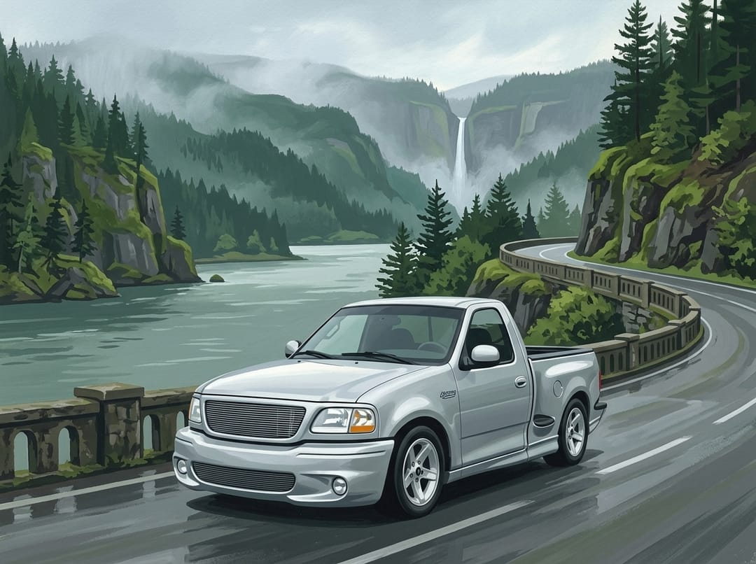 Silver 1999 to 2004 Ford F-150 SVT Lightning on the Columbia River Gorge highway in the rain