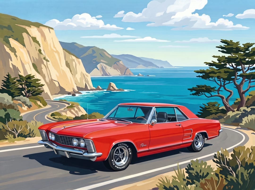 Poster of a red 1960s Buick Riviera on Pacific Coast Highway above the ocean