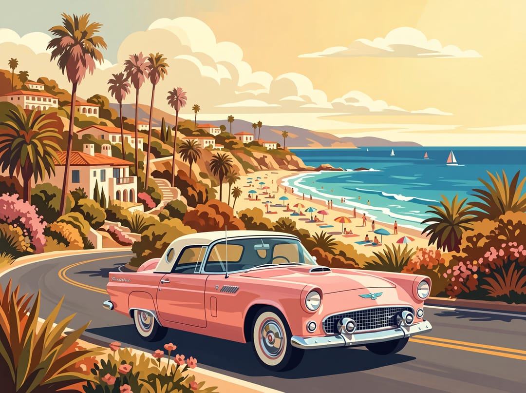 Poster of a pink 1950s Ford Thunderbird with a white hardtop on a coastal road above the beach in Santa Barbara