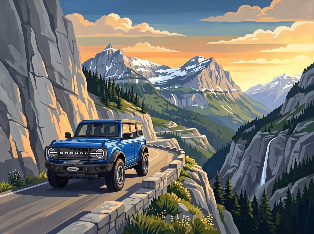 Poster of a royal blue 2023 Ford Bronco Badlands four-door on Going-to-the-Sun Road in Glacier National Park