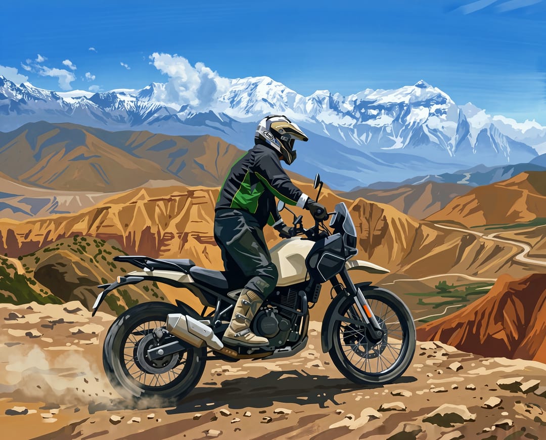 Vintage travel poster of a Royal Enfield Himalayan ridden over a dirt track high in snow-capped mountains