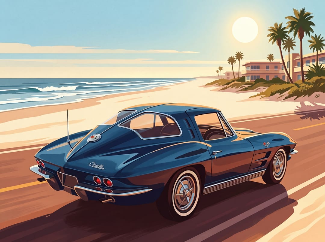 Vintage poster of a dark blue C2 Corvette Sting Ray coupe seen from the rear on a beach road at Daytona with palms and surf