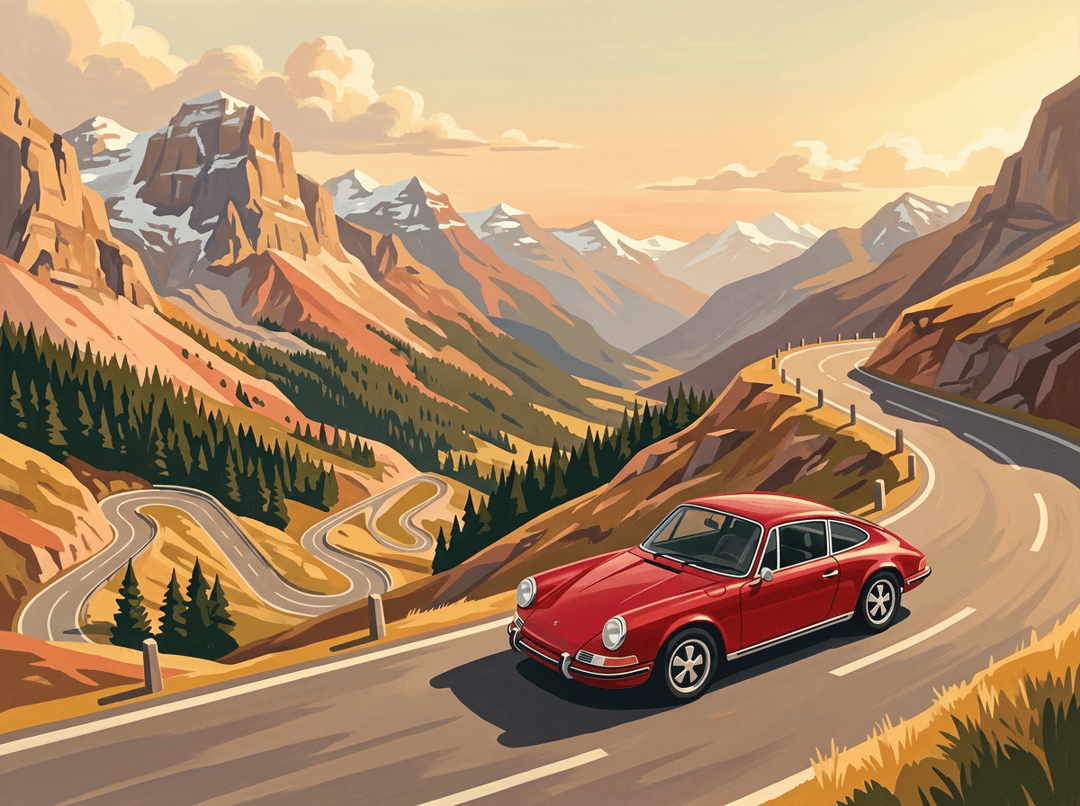 Vintage poster of a red early Porsche 911 climbing the hairpins of the Stelvio pass under jagged mountains