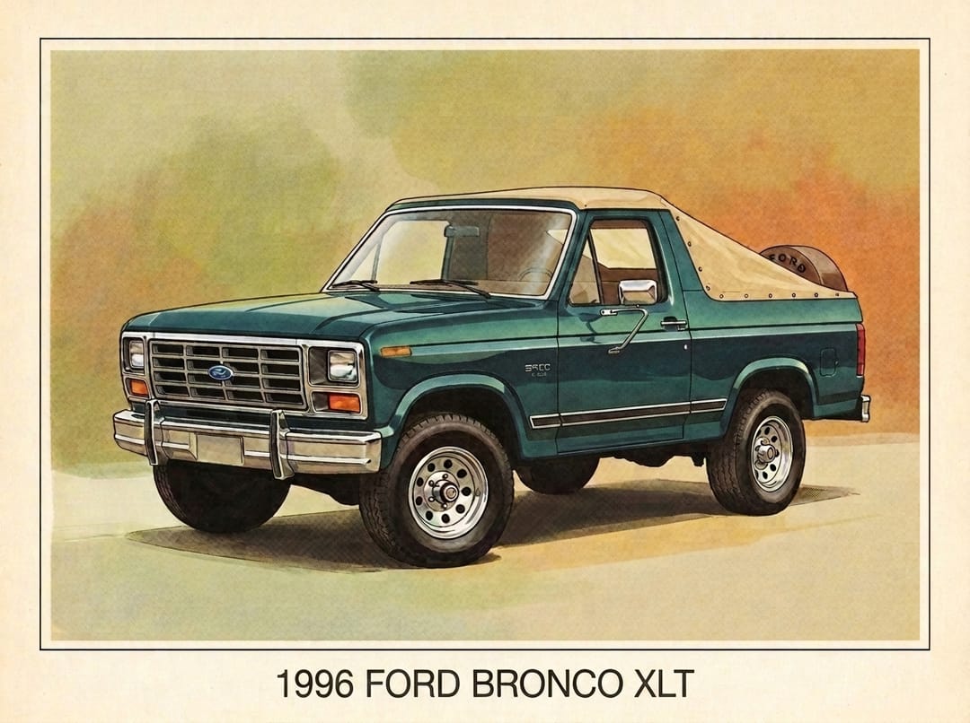 Green full-size Ford Bronco XLT with a soft top in a vintage brochure illustration style