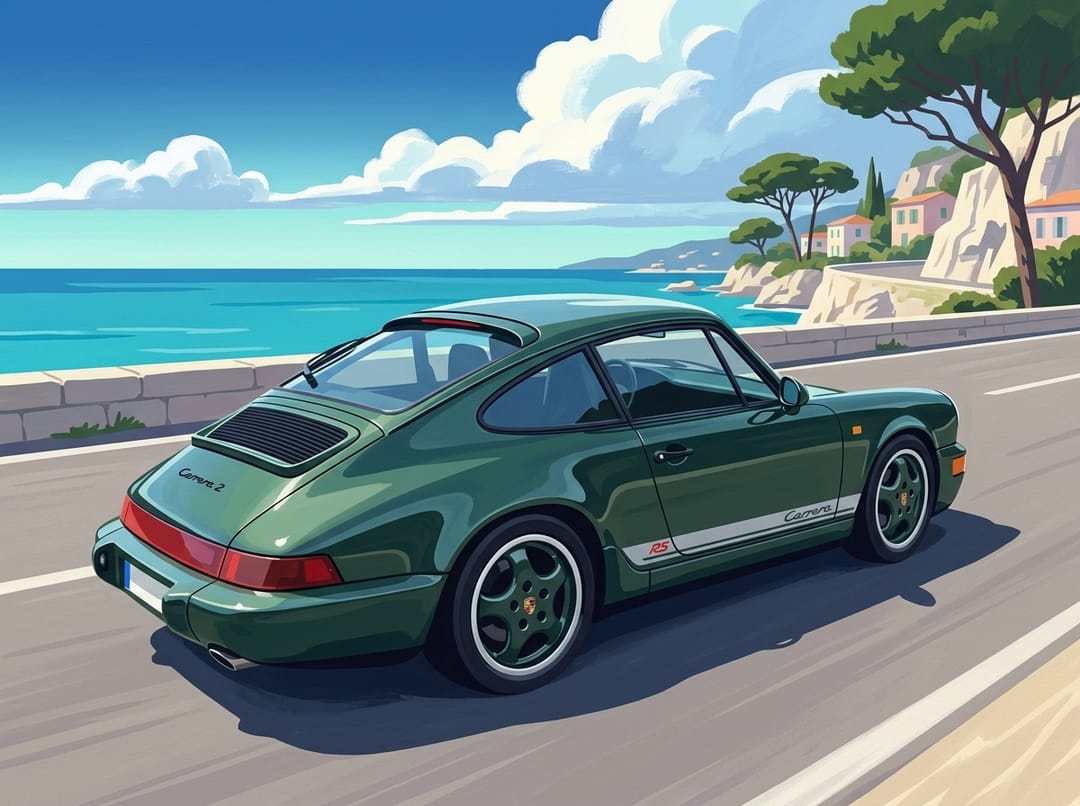Dark green Porsche 964 Carrera 2 seen from the rear three-quarter on a coast road on the Côte d'Azur