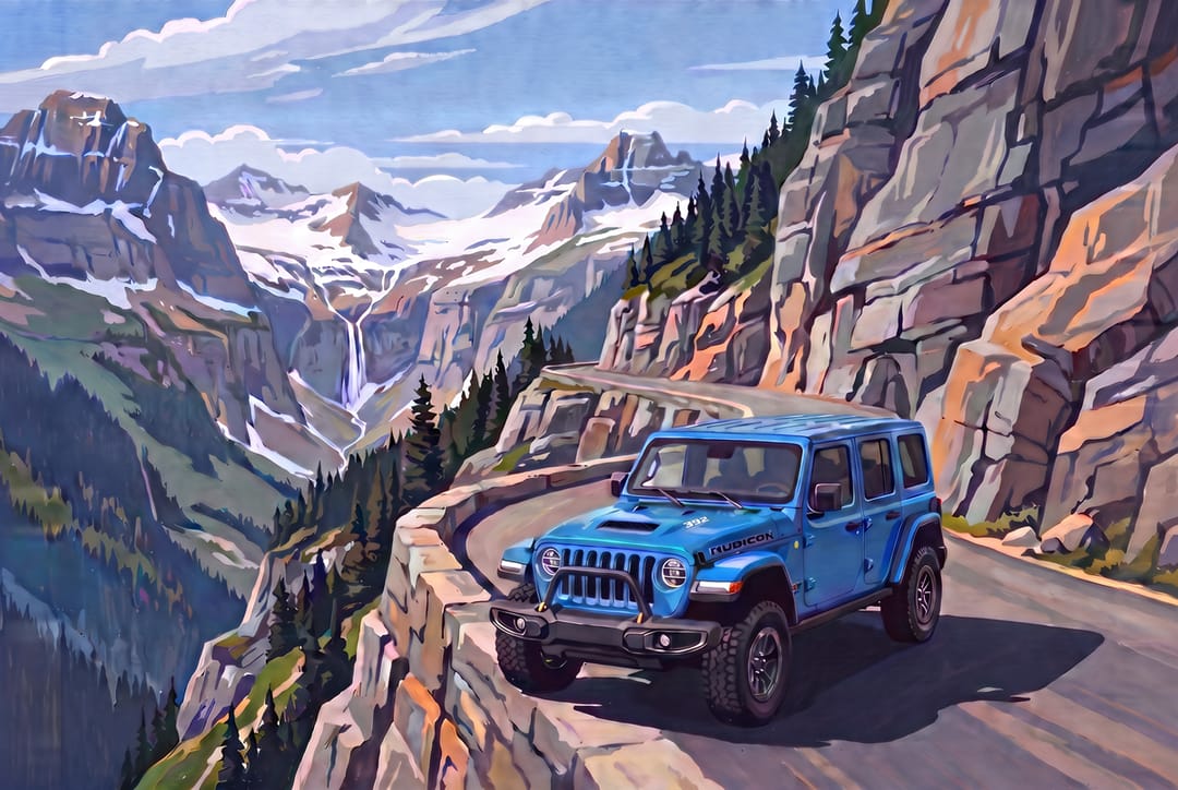 Hydro blue Jeep Wrangler Rubicon 392 on Going-to-the-Sun Road in Glacier National Park