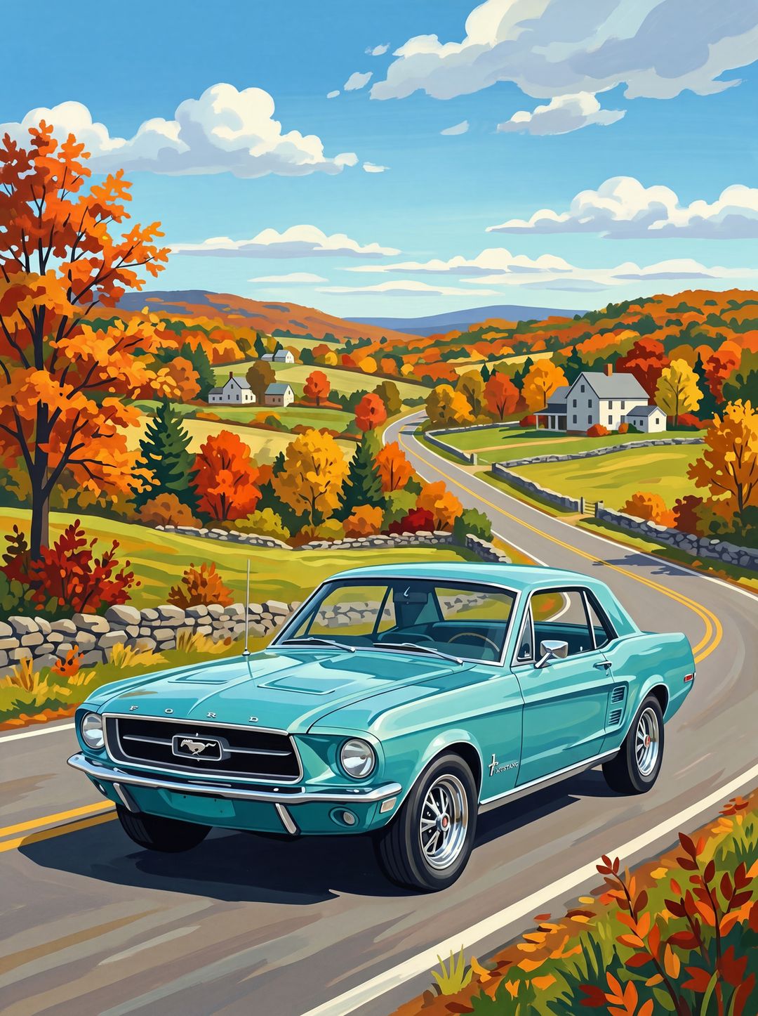 Illustrated poster of a Clearwater Aqua 1967 Ford Mustang coupe on an autumn New England road