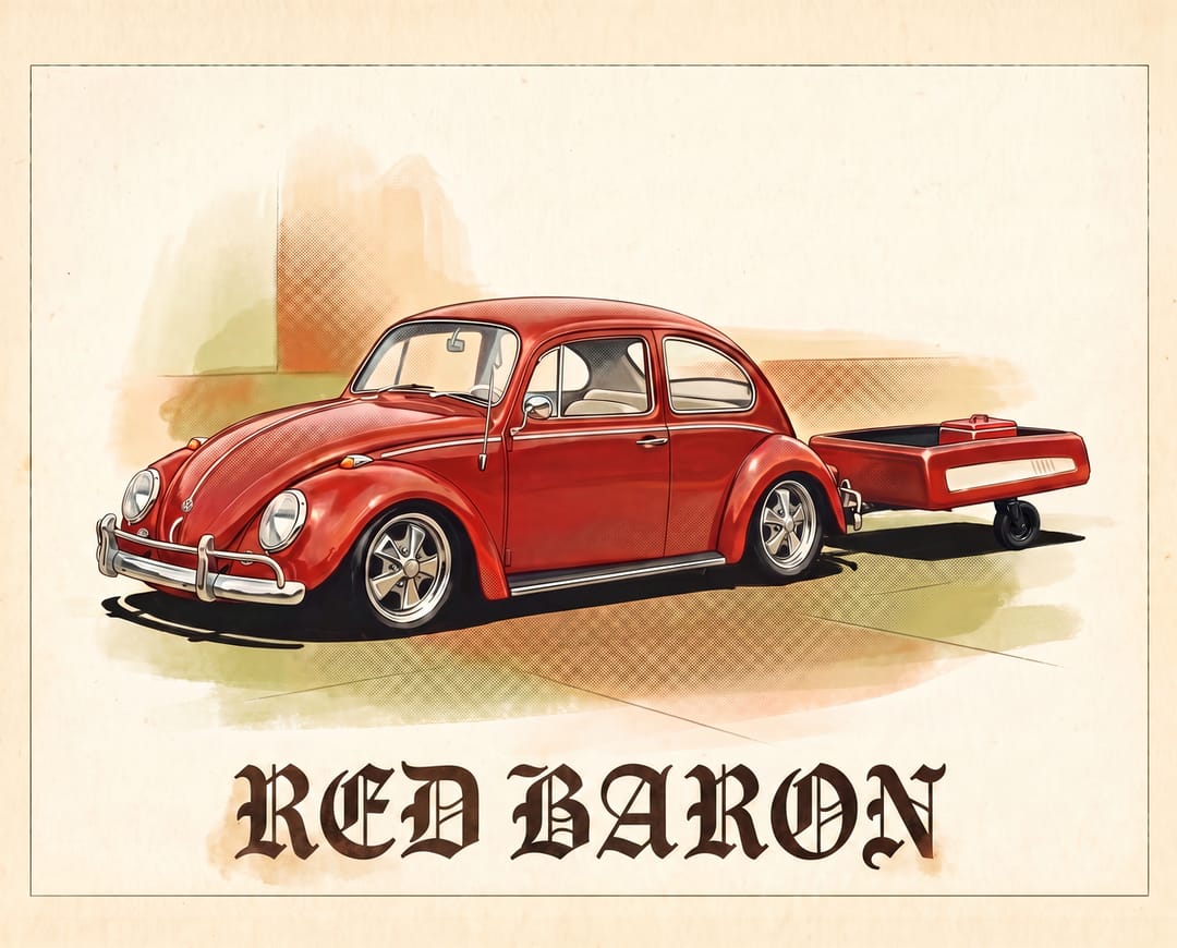 Red 1966 Volkswagen Beetle with Fuchs-style wheels and a matching red trailer, in a heritage brochure style with the name Red Baron