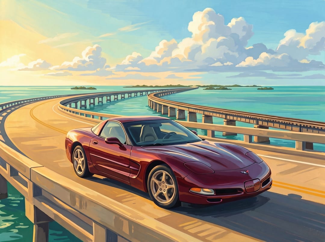 Dark red C5 Corvette crossing the Overseas Highway bridge in the Florida Keys