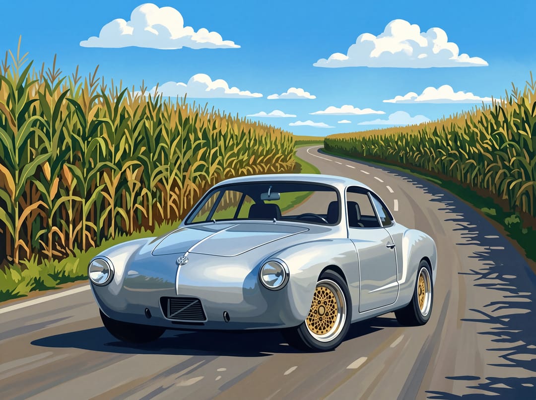 Poster of a silver Volkswagen Karmann Ghia with gold mesh wheels on a road through a tall cornfield