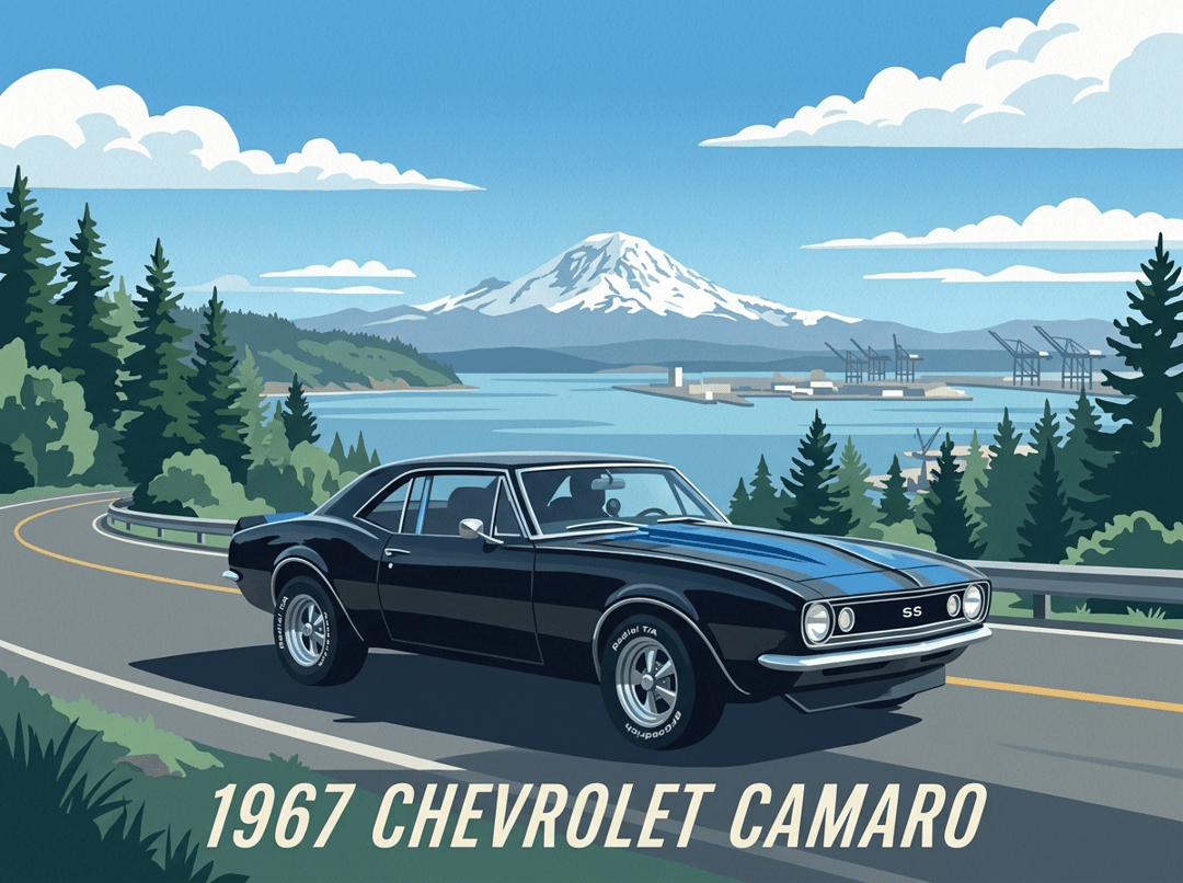 Black 1967 Camaro SS with blue stripes above Puget Sound with Mount Rainier