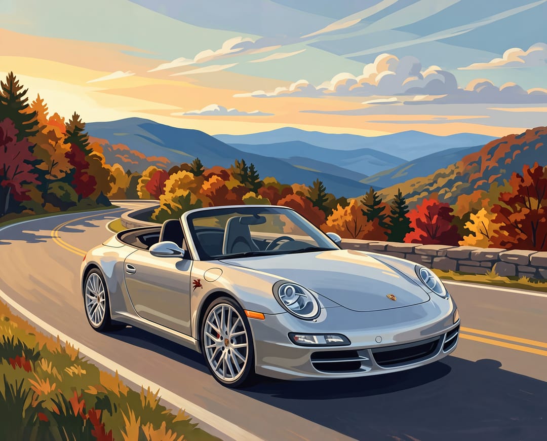Silver Porsche 997 Cabriolet with the top down on the Blue Ridge Parkway in fall