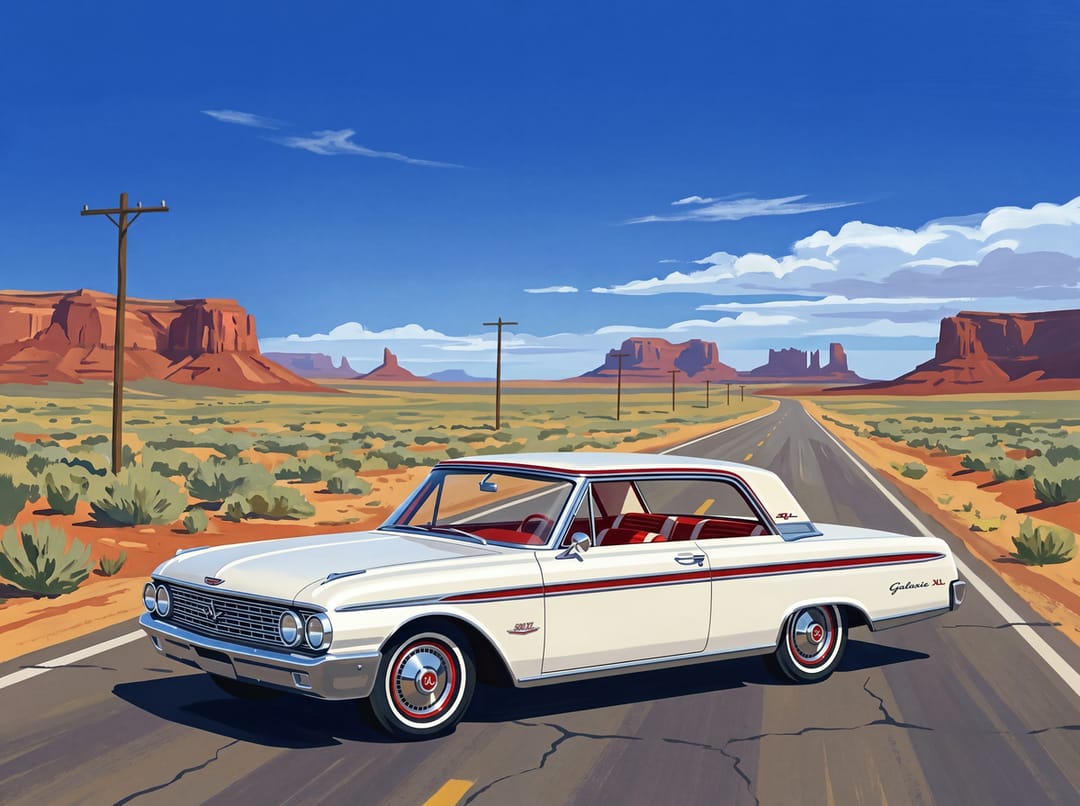 Poster of a white 1962 Ford Galaxie 500 XL with red trim and red bucket seats on Route 66 in the desert