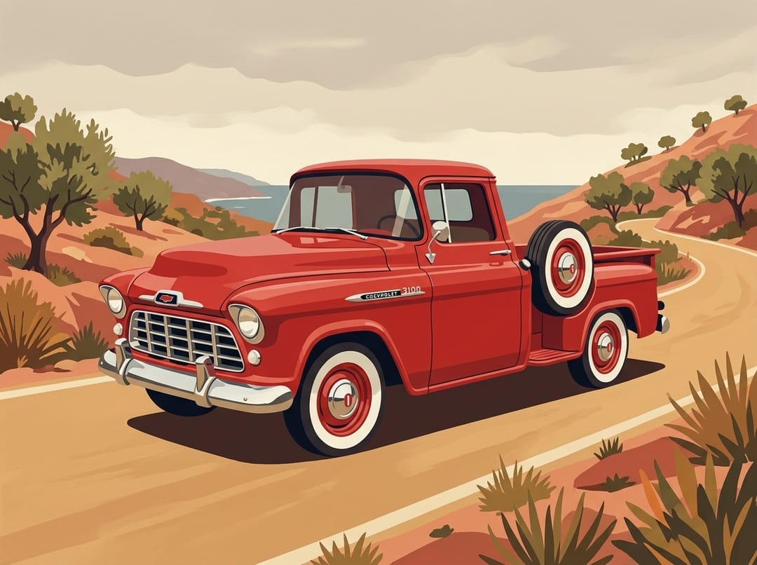 Poster of a red mid-1950s Chevrolet 3100 pickup with whitewall tires and a side-mounted spare on a coastal road in Sicily
