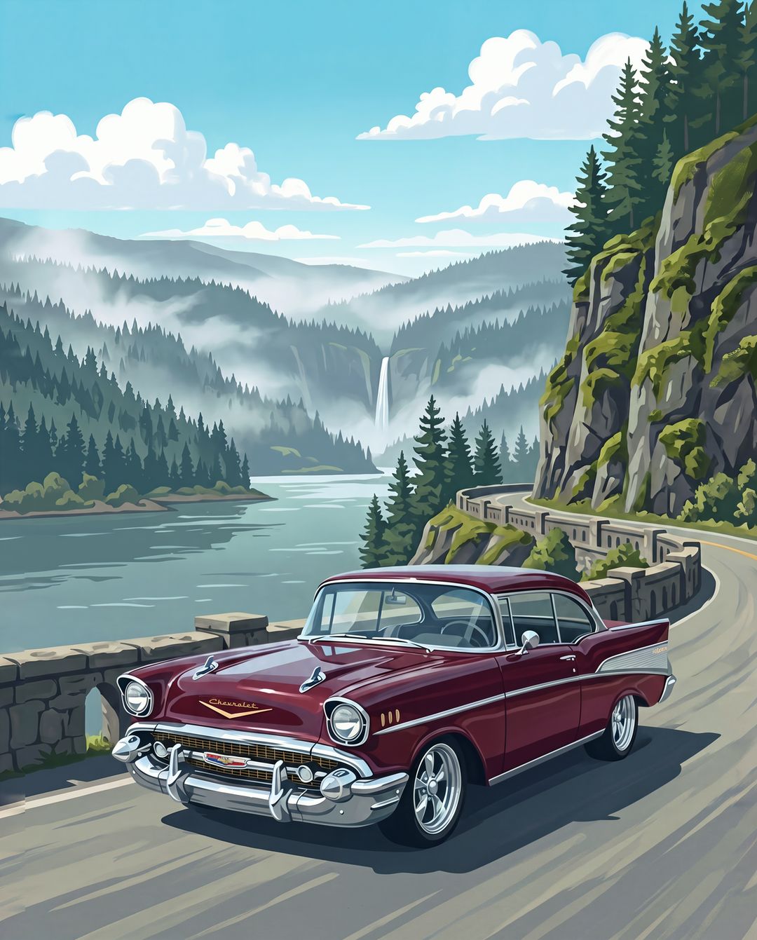 Maroon 1957 Chevy Bel Air hardtop on the Columbia River Gorge highway with a waterfall behind