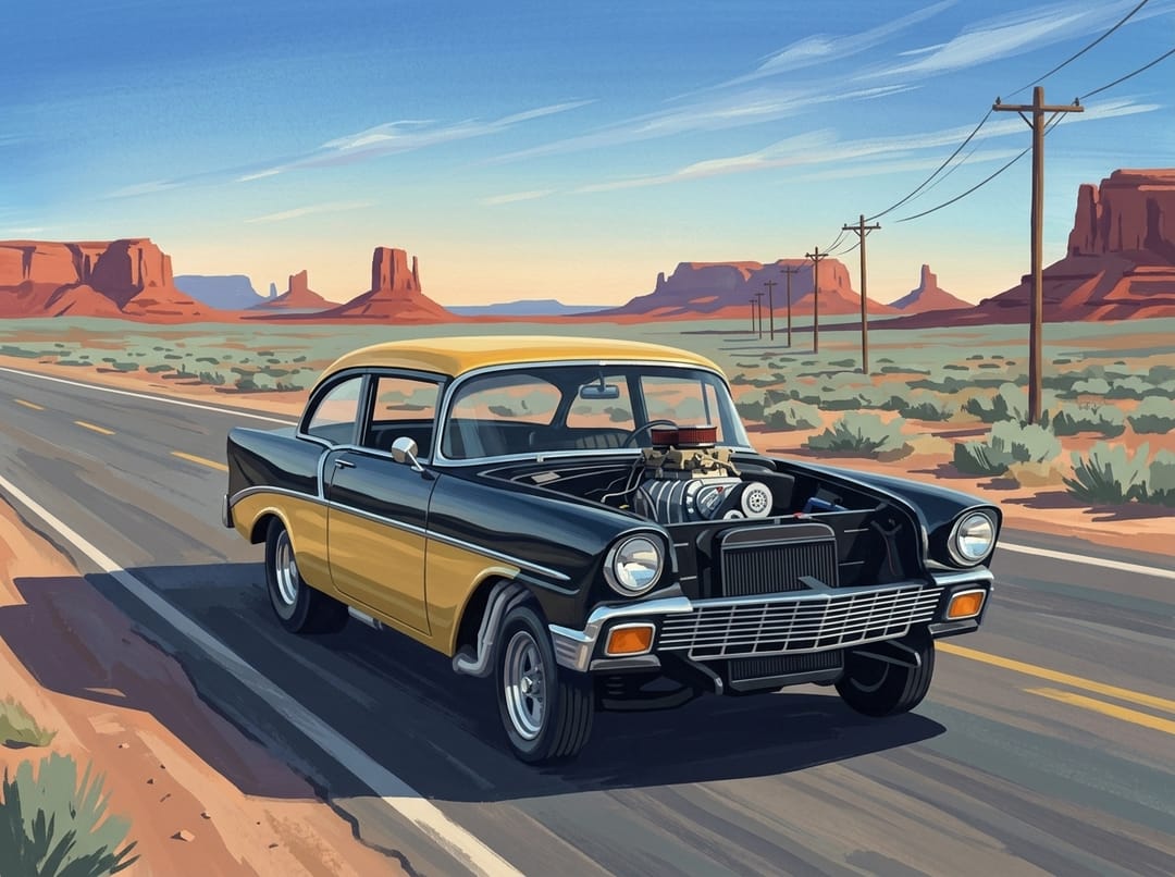 Black and yellow 1956 Chevy gasser with a blower through the hood on Route 66