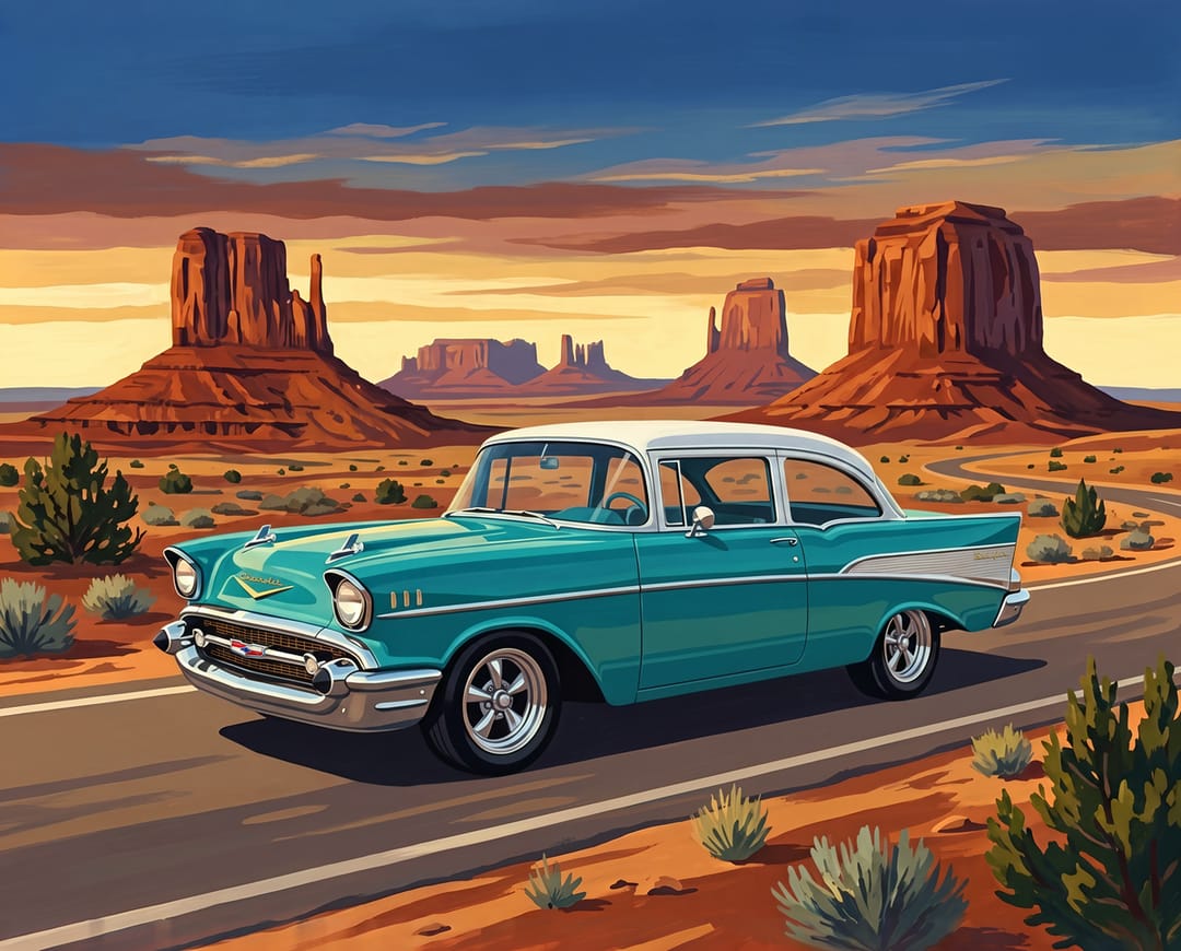 Turquoise and white 1957 Chevy Bel Air two-door sedan in Monument Valley