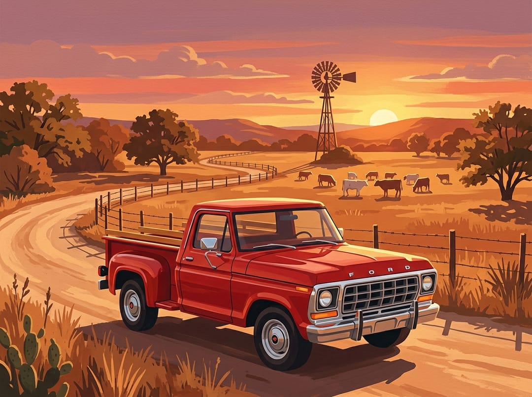 Poster of a red 1979 Ford F-100 flareside on a dirt ranch road at sunset with a windmill and cattle