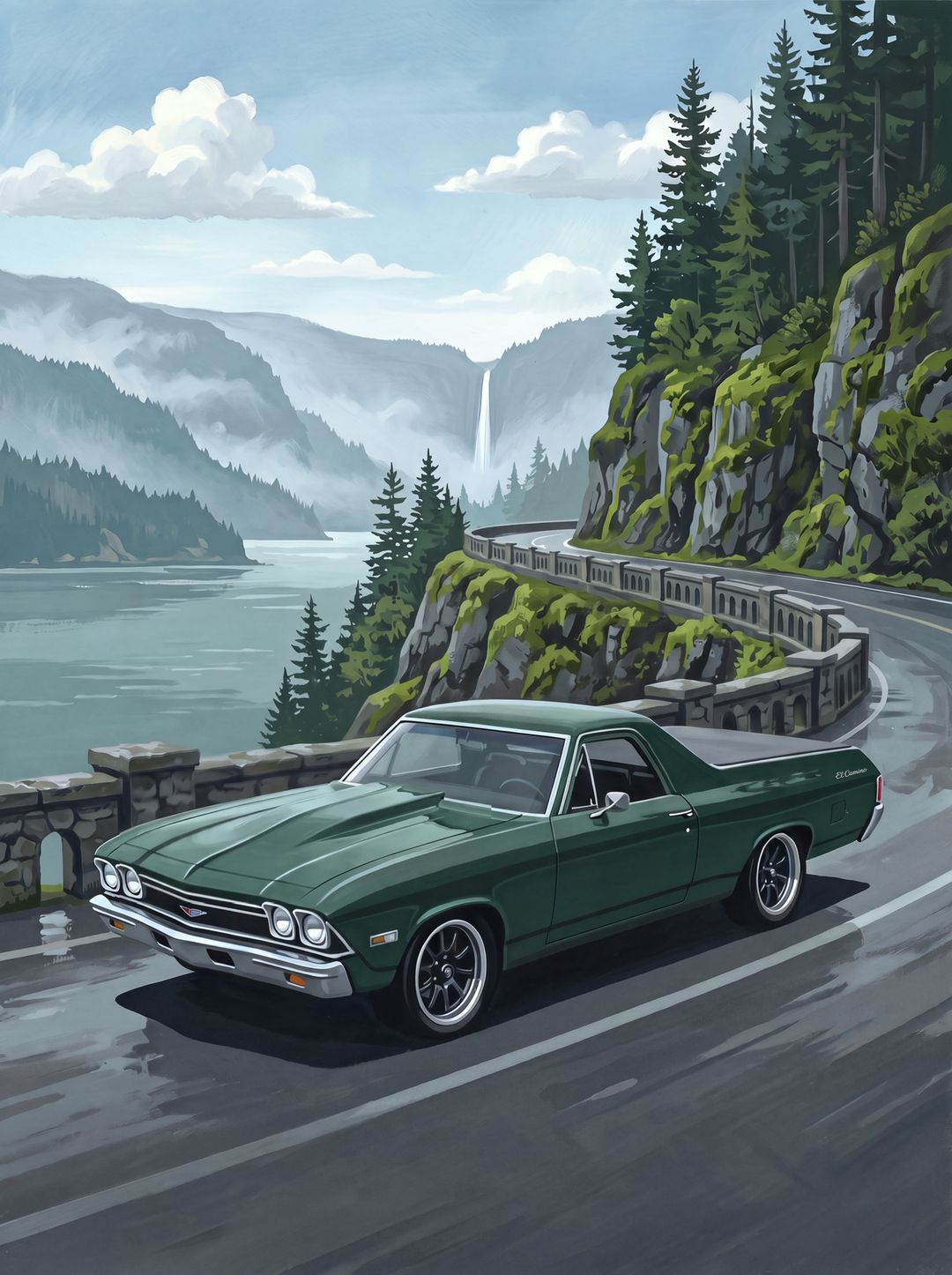 Dark green 1968 to 1969 El Camino on the Columbia River Gorge highway with a waterfall