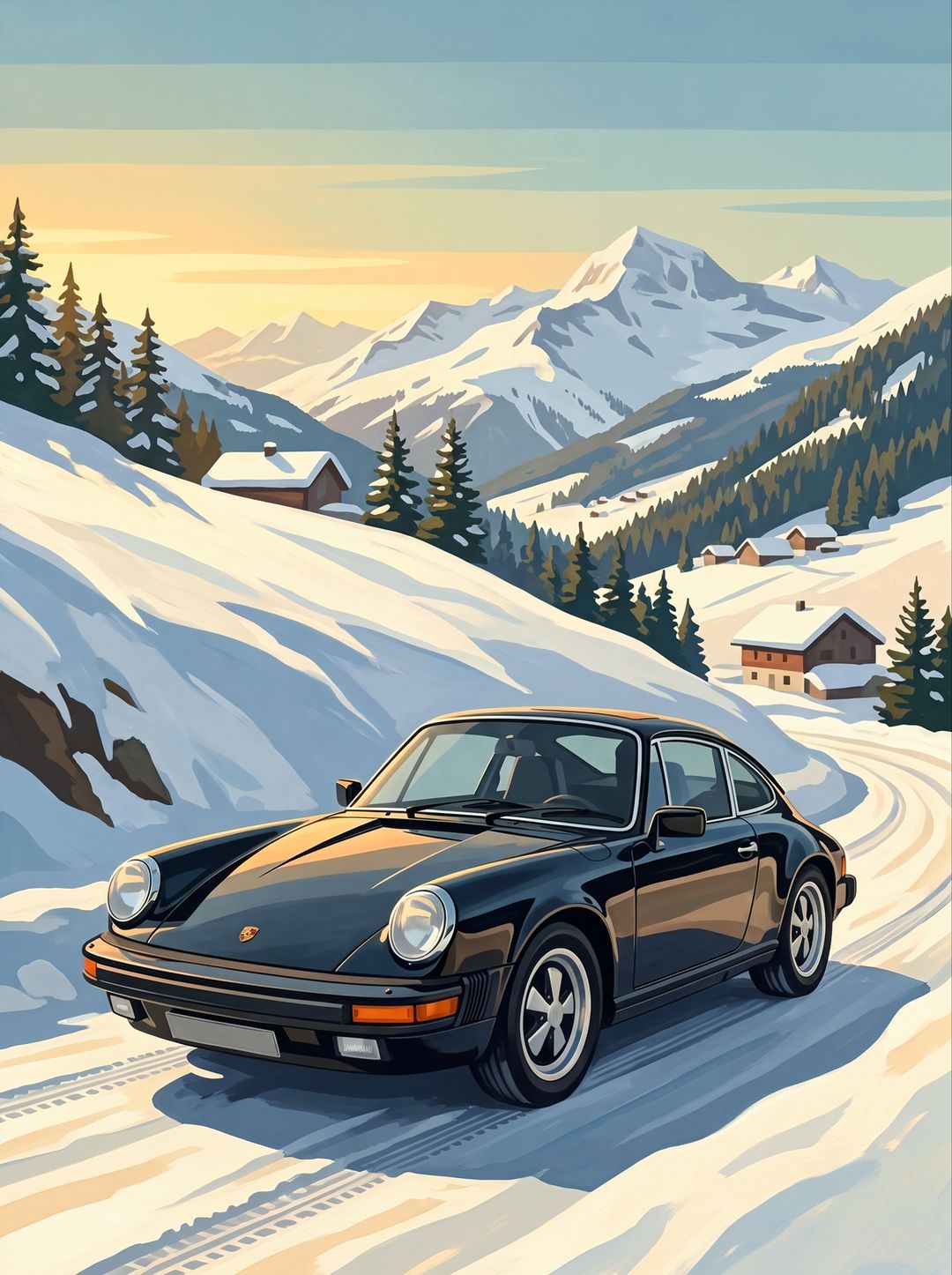 Black classic Porsche 911 coupe on a snow-covered Alpine road with chalets