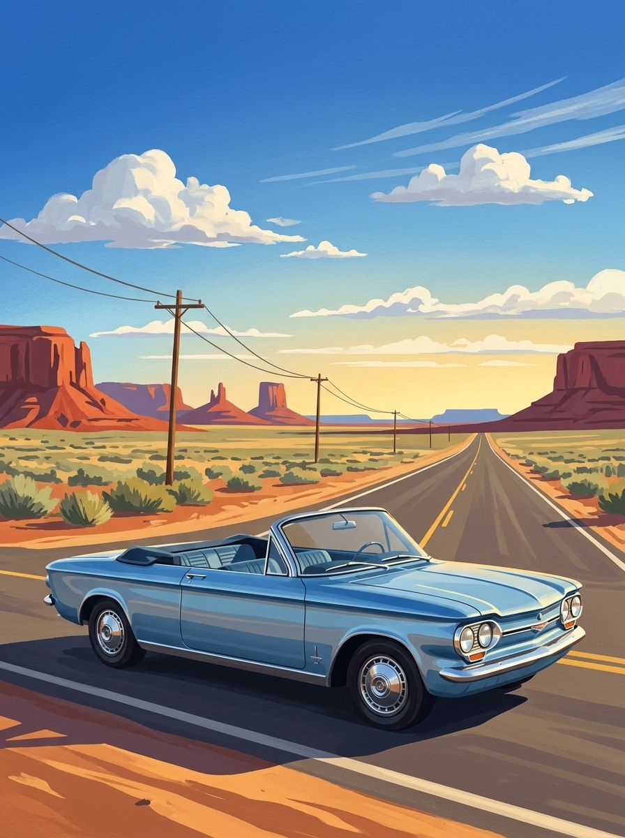 Vertical poster of a blue early-1960s Chevrolet Corvair convertible on Route 66 in the desert